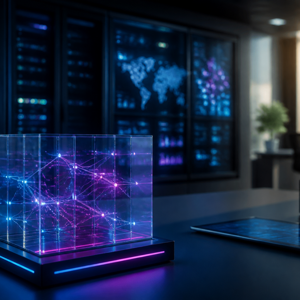 Rappresentazione concettuale di dati strutturati per la SEO locale e ricerca generativa in blu e magenta.