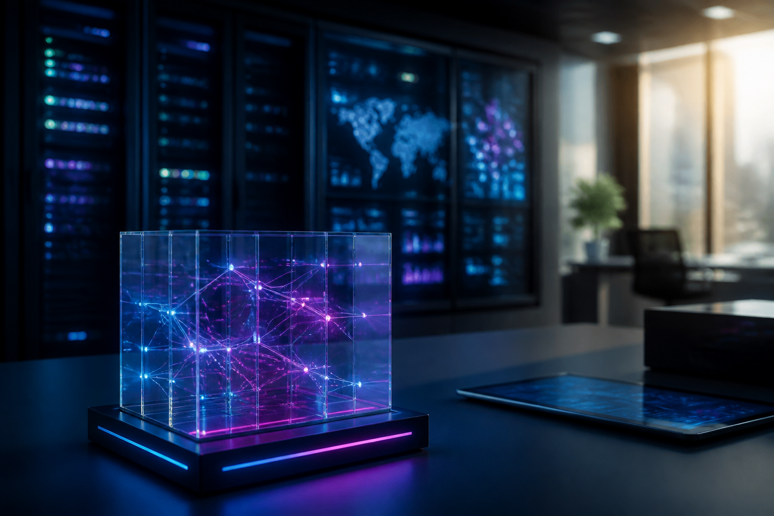 Rappresentazione concettuale di dati strutturati per la SEO locale e ricerca generativa in blu e magenta.