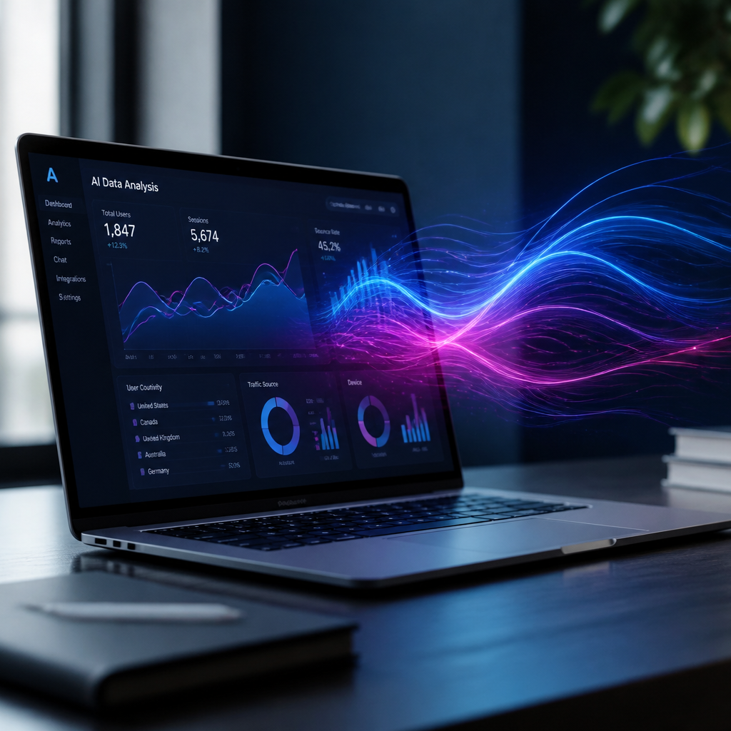 Laptop su scrivania con grafici AI in blu e magenta, rappresentazione dei tool email marketing 2026.