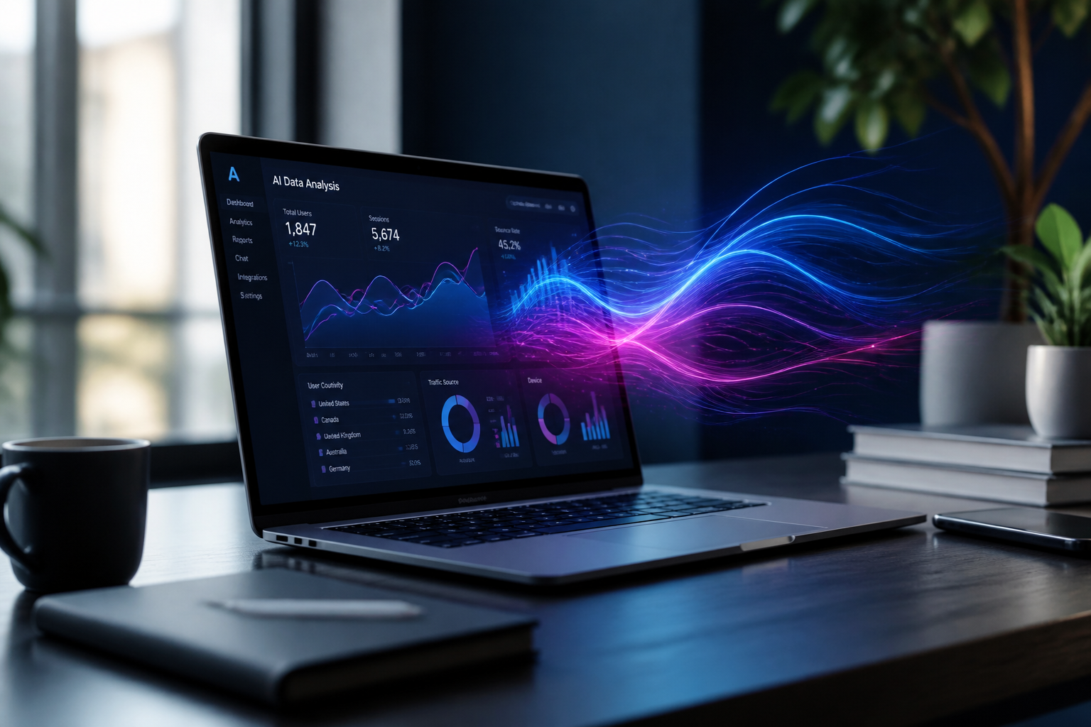 Laptop su scrivania con grafici AI in blu e magenta, rappresentazione dei tool email marketing 2026.