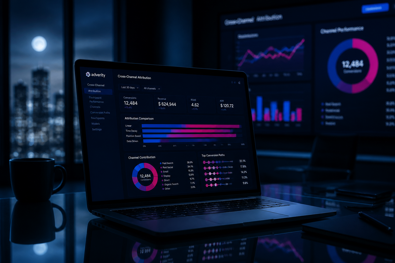 Grafici di analisi dati su un laptop in un ufficio moderno per misurare il ROI dei social media marketing.
