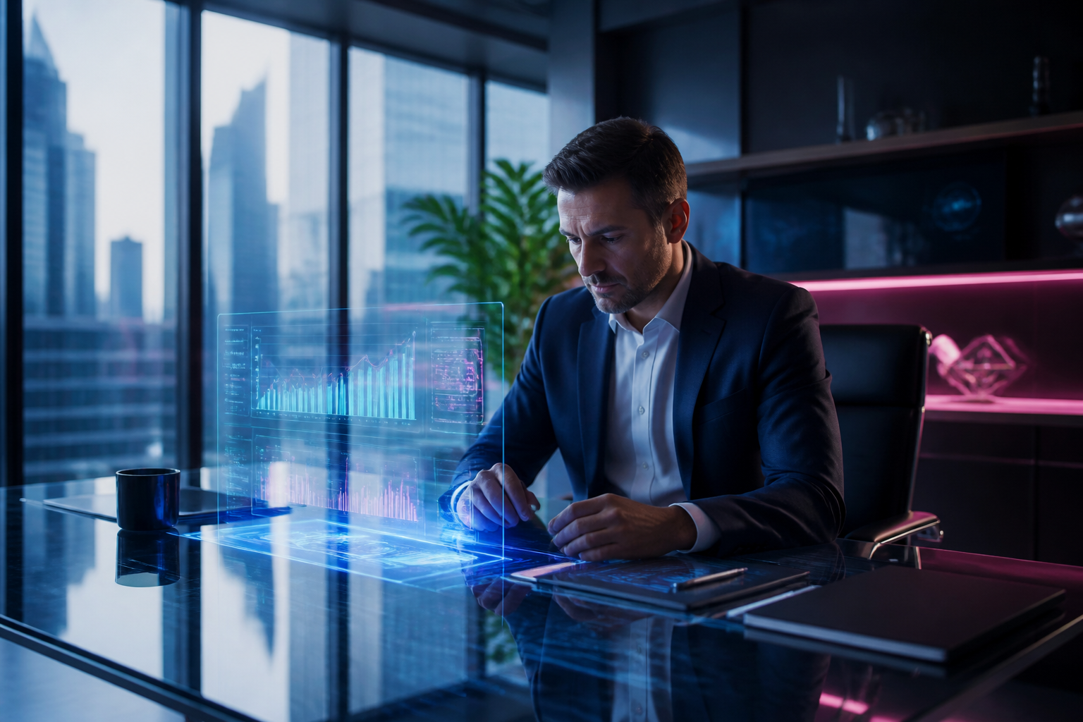 Professionista analizza dati di lead generation B2B su Meta Ads in un ufficio moderno con luci blu e magenta.