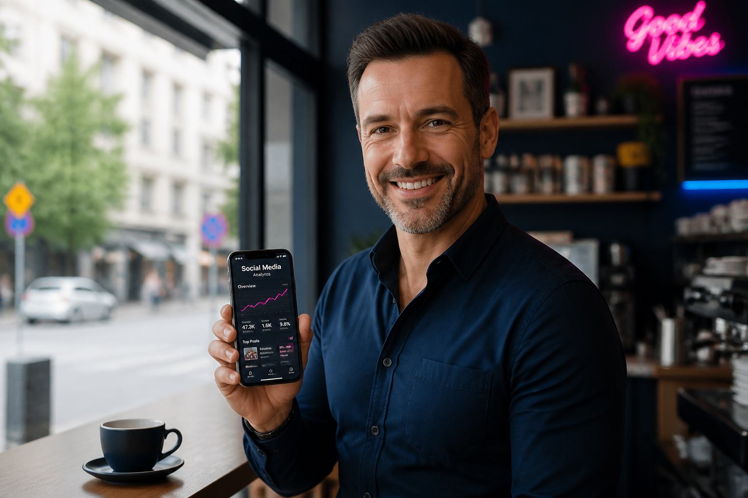 Proprietario di un'attività locale che analizza i social network su smartphone in un ufficio moderno.